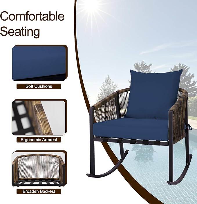 DECMICO 3-Piece Outdoor Wicker Patio Conversation Set, Rocking Bistro Chairs with Round Coffee Table for Small Space Balcony Backyard Garden, Blue