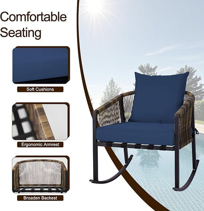 DECMICO 3-Piece Outdoor Wicker Patio Conversation Set, Rocking Bistro Chairs with Round Coffee Table for Small Space Balcony Backyard Garden, Blue