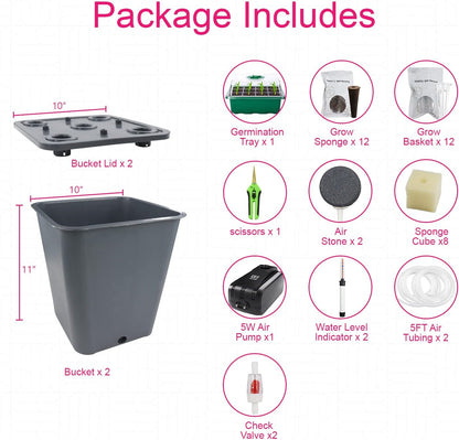 2 Hydroponic Buckets Kit for Plants, Hydroponics Growing System for Herbs/Tomato/Vegetables, DWC System with Air Pump & Germination Tray (Complete Indoor Hydroponic Gardening Supplies)