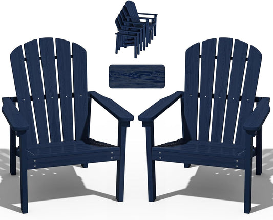 Stackable Adirondack Chair Set of 2, HDPE Outdoor Patio Chair - Durable and Space Saving, Suitable for Porches, Lawns or Garden, Navy