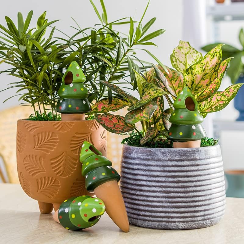 4 Pack Terracotta Christmas Tree Automatic Plant Watering Devices,Household self Watering Planter Insert, Watering Spikes for Indoor Plants,Holiday Potted Plant Continuous Moisture Device
