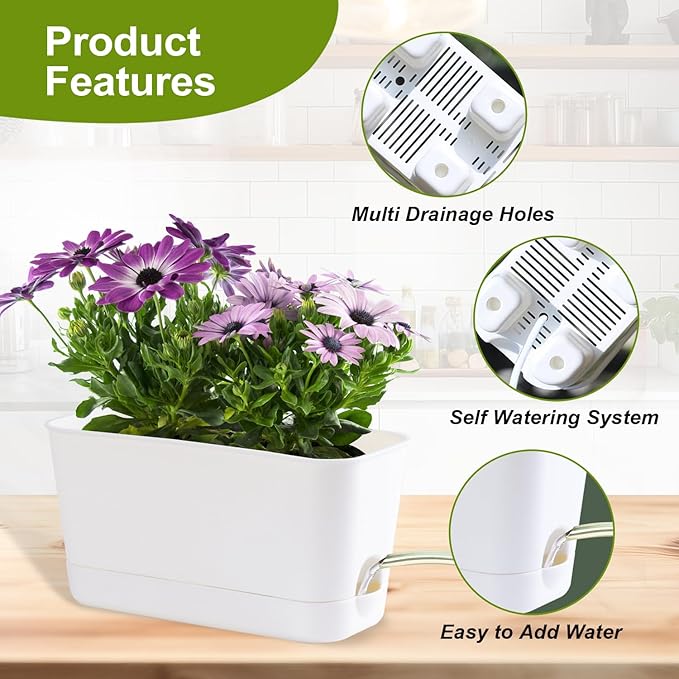 10 Inch Self Watering Planters for Indoor Plants: 4 Packs Rectangular Plant Pots with with Drainage and Tray, Window Pot Self Watering Planter for Herb, Houseplants