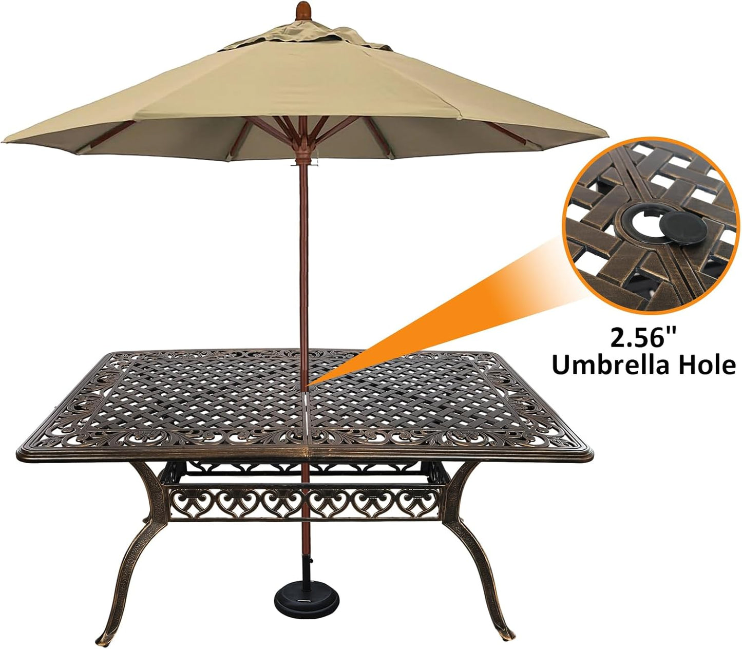 Rectangle Patio Table 59" Cast Aluminum Patio Dining Table with 2.56" Umbrella Hole, Weather-Resistant Outdoor Dining Table for 6-8 Person, Balcony Garden Table 59" x 35.5" x 29", Bronze