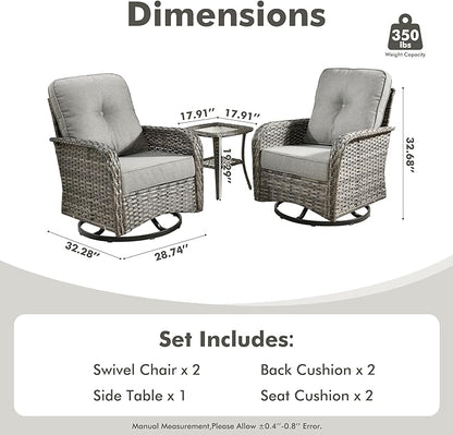3-Piece Swivel Rocking Rattan Chair Outdoor, Patio Bistro Furniture Conversation Set, Wicker Chair with Coffee Table Dark Gray