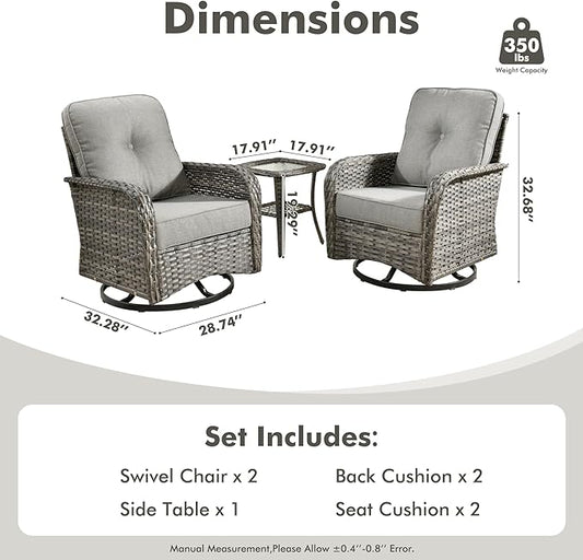 3-Piece Swivel Rocking Rattan Chair Outdoor, Patio Bistro Furniture Conversation Set, Wicker Chair with Coffee Table Dark Gray