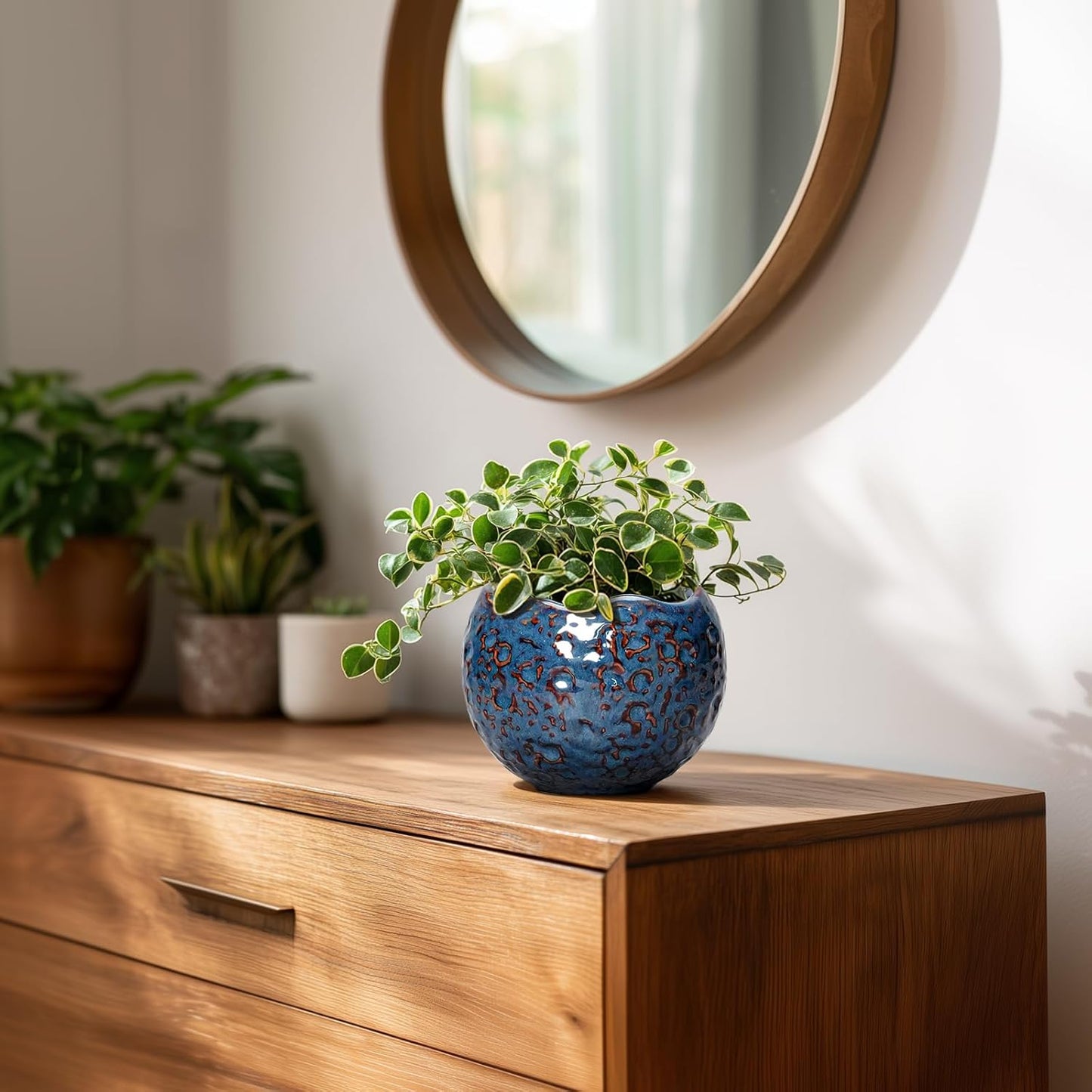 Ceramic Pots for Plants - 4 inch Plant Pots for Indoor Outdoor, Small Planter with Drainage Hole, Unique Flower Pot, Decorative Modern Round Planter, Office Decor, Home Gifts, Retro Blue