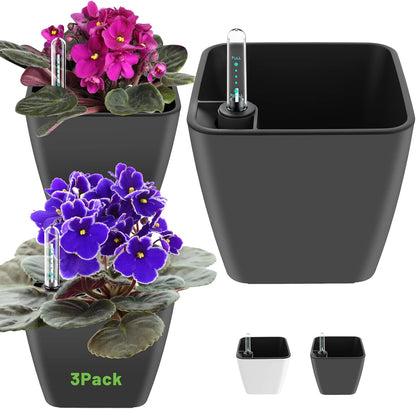 Self Watering Planters for Indoor Plants 5 inch 3 Pack Grey Planter with Water Level Indicator African Violet pots