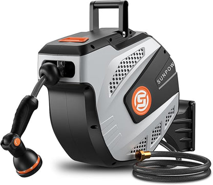 SUNPOW Retractable Garden Hose Reel - 1/2 inch x 115ft Wall Mounted Hose Reel with 3/4 inch Brass Fitting & 10 Function Sprayer Nozzle - Any Length Lock, Auto Rewind System, 180°Swivel Bracket- Grey