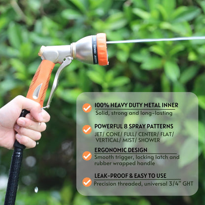 HOSUN Garden Hose Nozzle Sprayer Heavy Duty, 100% Metal Water Hose Nozzle with 8 Spray Patterns, High Pressure Hose Spray Nozzle with Non-Slip Grip for Watering Plant & Lawn, Washing Car & Pet, Orange