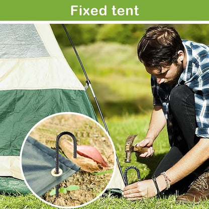 Ground-Stakes-Heavy-Duty-12 inch, J-Hook Rebar Stakes Black Coated Anti-Rust 6pcs Garden Stakes Metal Ground Anchors for Garden Dog Fence Chicken Coop Christmas Decorations Deer Fence