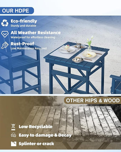 QUASCO Outdoor Adirondack Bar Chairs and Table Set of 5, HDPE Patio Bar Height Table and 4 Adirondack Chairs, All Weather Outdoor Bar Stools Set for Bistro, Poolside, Balcony, Navy