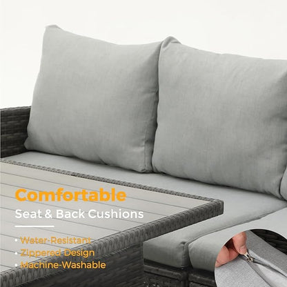 Wisteria Lane Patio Furniture Set, 7 Piece High Curved Back Outdoor Dining Sectional Sofa with Dining Table and Chair, All Weather Wicker Conversation Set with Ottoman, Grey