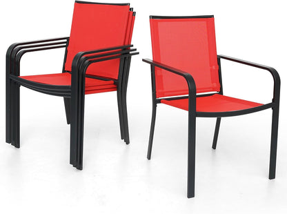 Anumutig 5-Piece Patio Dining Set, 35-Inch Square Table with 4 Stackable Chairs, Black Frame with Red Mesh, Outdoor Furniture