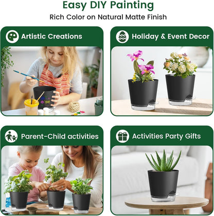 6 inch Self Watering Pots for Indoor Outdoor Plants, 6 Pack Flower Plant Pots with Drainage Holes and Clear Reservoirs, Visible Water Level, Plastic Planters with Wicking Rope, Black