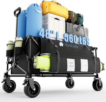 48″ Extra-Large Folding Wagon Cart, 560LBS Extra Large Wagon, 350L Heavy Duty Utility Cart with Brakes, All-Terrain Wheels, 600D Oxford Fabric, Foldable Design for Camping, Beach, Travel, Festival