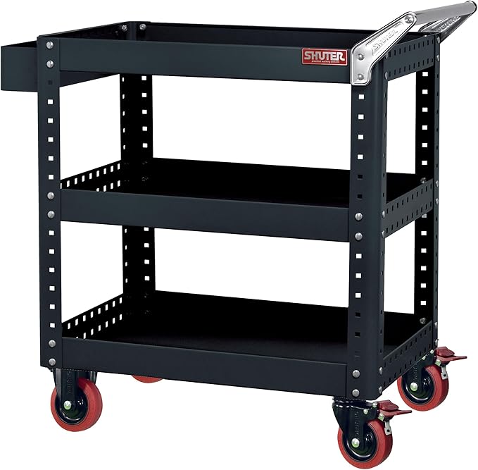 SHUTER Heavy-Duty Tool Cart with Wheels, 3-Tier Rolling Tool Wagon with Handle and Tool Holder, 440 lb Capacity – CT-1, Black