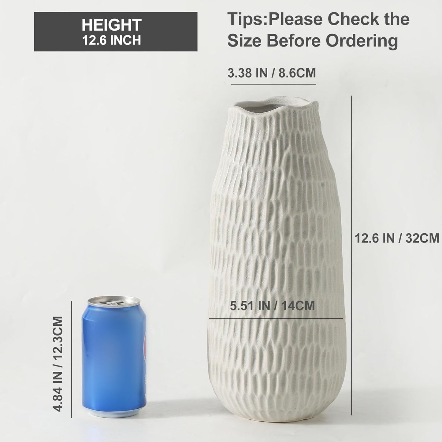 12.6 Inch Grey Modern Handmade Ceramic Vase, Rustic Farmhouse Decorative Flower Vases for Home Decor,Pampas Grass Bouquet, Living Room,Kitchen,Office,Bedroom,Centerpiece Table