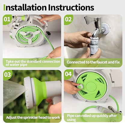 Garden Retractable Hose Reel, Portable Simple Home Hose Reel 45+5 FT with 7 Patterns Spray Nozzle, Wall Mounted and Any Length Lock for Garden Watering, Car Washing, Pet (Green)