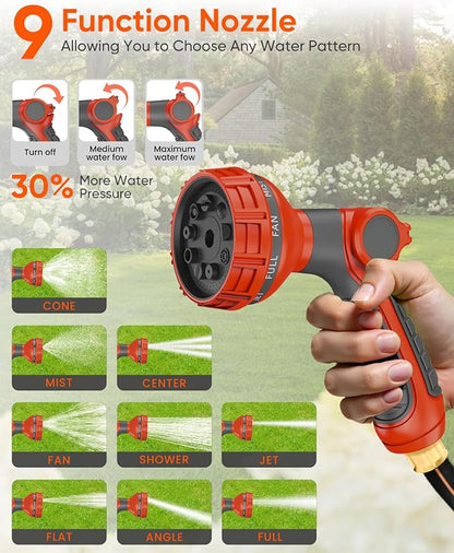 Retractable Garden Hose Reel 30m x 1/2" Any Length Lock 9 Pattern Nozzle 180° Swivel Wall Mounted Self Winding UV Resistant Heavy Duty Garden Outside Watering