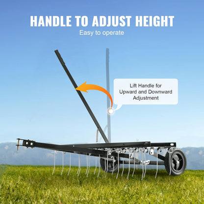 VEVOR Tow Behind Dethatcher, 40-inch Tow Dethatcher with 20 Spring Steel Tines, Lawn Dethatcher Rake for ATV or Mower, Tow Behind Lawn Rake with Lift Handle for Garden Farm Grass