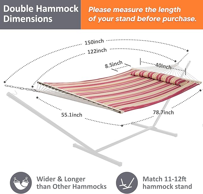 SUNCREAT Double Hammock Quilted Fabric Swing with Spreader Bar, Detachable Pillow, 55” x79” Large Hammock, Red Stripes