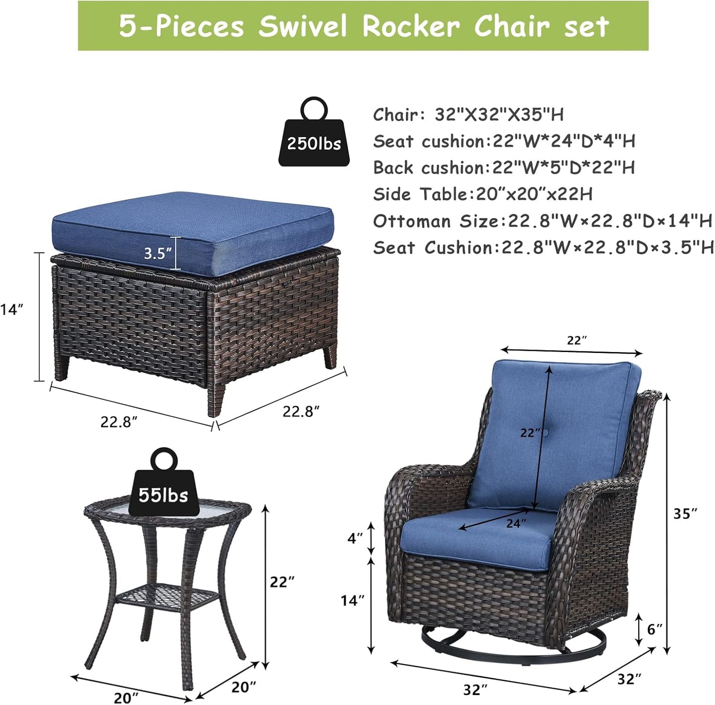 Outdoor Wicker Patio Furniture Set - 5 Pieces Rattan Patio Conversation Set with 2 Rocking Swivel Chairs,2 Ottomans and 1 Side Table for Porch Deck Backyard Garden(Brown/Blue)