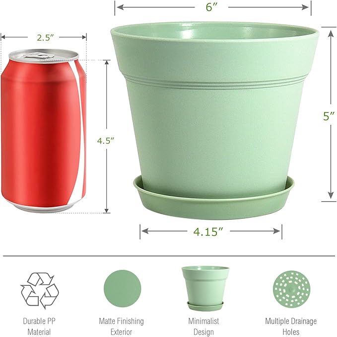 WOUSIWER 16 Pack 6 inch Plastic Planters, Plastic Indoor Planter Flower Pots, Heavy Duty and Stylish 6 Inch Plant Pots for Indoor Plants with Drainage Holes and Tray for Plants Flowers, Green