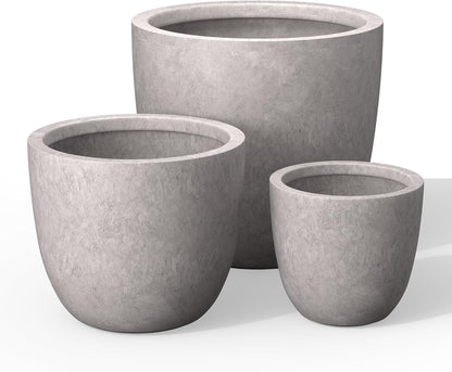 Kante 18",14",10" Dia Concrete Round Planters (Set of 3), Outdoor Indoor Large Planter Pots with Drainage Hole and Rubber Plug for Home Patio Garden, Light Gray