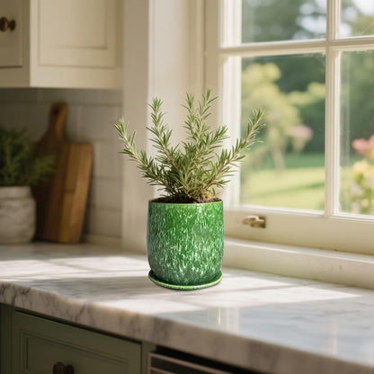 6 in Ceramic Plant Pot with Saucer，Indoor Plant Pot for Plants, Flower Pot with Drainage，Reactive Glaze Green