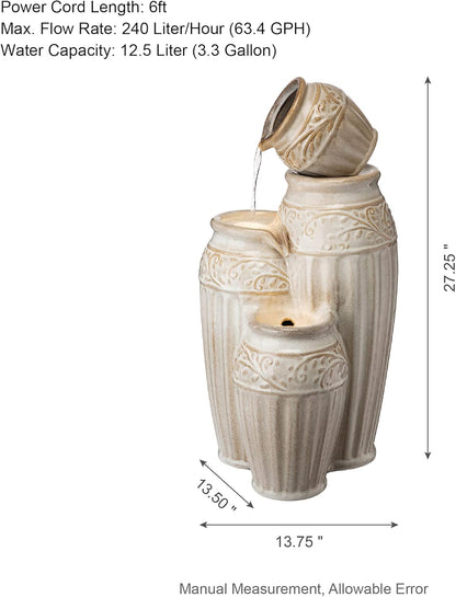 Glitzhome 27.25" H Outdoor Garden Water Fountain with LED Lights and Pump, 4 Tier Sand Beige Embossed Pattern Ceramic Pots Cascading Floor Standing Fountain for Porch Deck Patio Backyard Decoration