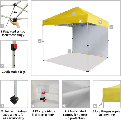 CROWN SHADES 8x8 Pop Up Canopy with 1 Side Wall - Beach Tent with One Push Setup - Outdoor Sun Shade for Events, Parties, Camping - Gazebo with STO-N-Go Cover Bag (Yellow)