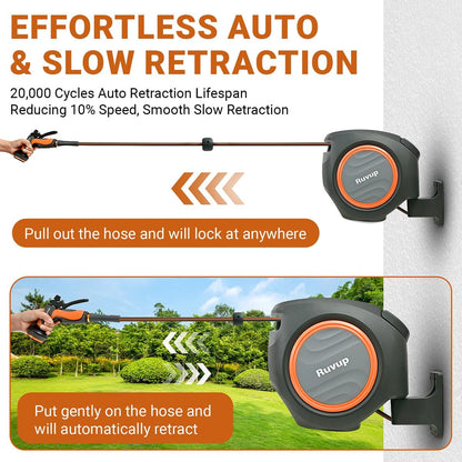 Ruvup Retractable Garden Hose Reel,1/2in x 150ft Water Hose Reel with Metal Bracket, UV Resistant Automatic Hose Reel Wall Mount for Outside, Slow Retraction Any Length Lock 10 Spray Nozzle