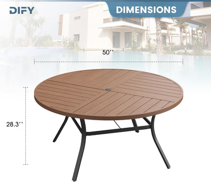 DIFY 50" Round Outdoor Patio Dining Table for 6, All-Weather Metal Steel Slatted Patio Table with 1.57" Adjustable Umbrella Hole, for Lawn Garden Porch Backyard, Walnut