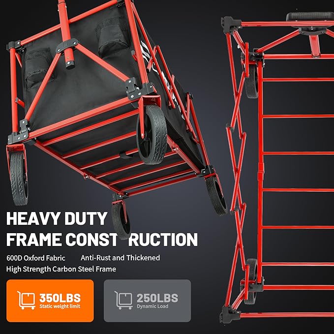 EchoSmile Collapsible Foldable Wagon Cart with 350lbs Weight Capacity, Heavy Duty Folding Utility Sport Wagon with Removeble Wheels for Camping,Grocery,Garden,Beach,Black&Red