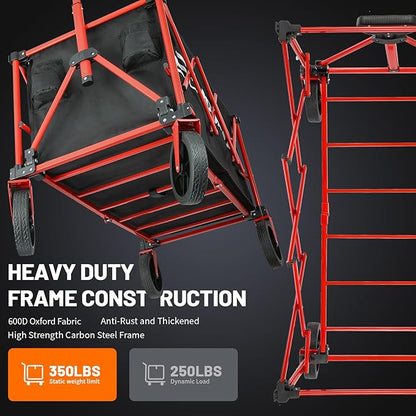 EchoSmile Collapsible Foldable Wagon Cart with 350lbs Weight Capacity, Heavy Duty Folding Utility Sport Wagon with Removeble Wheels for Camping,Grocery,Garden,Beach,Black&Red