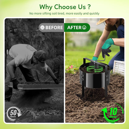 New Upgrade Rotary Soil Sifter Compost Sieve, 13 Inch Heavy-Duty Garden Soil Screen with 4 Replaceable Sifting Sieve (3/6/9/12mm) for Sand Rocks Dirt Compost, Includes Gardening Shovel & Gloves Kit ‌