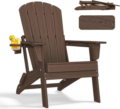 Folding Adirondack Chair with Cup Holder, HDPE Patio Chairs, All-Weather Outdoor Chairs for Backyard, Deck, Fire Pit-Coffee