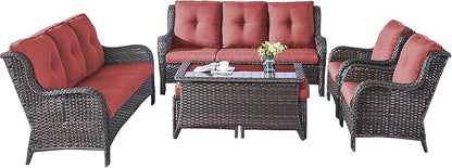 Rilyson Wicker Patio Furniture Sofa Set - 7 Piece Rattan Outdoor Patio Sectional Conversation Sets with 2 Sofa,2 Armrest Chairs,1 Coffee Table and 2 Ottomans for Porch Deck Garden(Brown/Red)