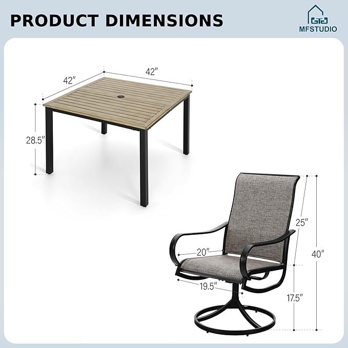 MFSTUDIO Patio Table and Chairs Set of 4, Outdoor Dining Set with Square Table and Swivel Chairs, 5 Piece Patio Furniture Set for Deck/Backyard/Poolside/Garden