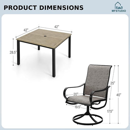 MFSTUDIO Patio Table and Chairs Set of 4, Outdoor Dining Set with Square Table and Swivel Chairs, 5 Piece Patio Furniture Set for Deck/Backyard/Poolside/Garden