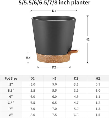 FaithLand 6-Pack Black Self Watering Planter Pots for Indoor Outdoor Plants - 8, 7, 6.5, 6, 5.5, 5 Inches Flower Pots