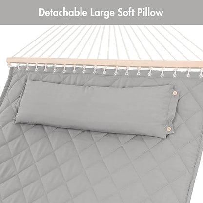 ANOW Heavy Duty Hammock with Spreader Bars and Detachable Pillow, 2 Person Hammock for Outdoors Indoors, 450 LBS Weight Capacity, Light Gray