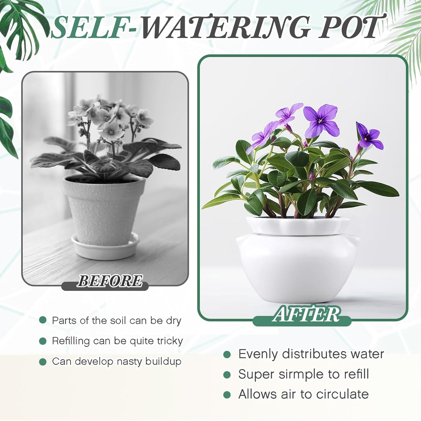 4 Set 6 Inches African Violet Pots Self Watering White Ceramic Pot for Indoor Plants, Flowerpot with Highly Absorbent Inner Pot for Busy Plant Lovers,Plant Care