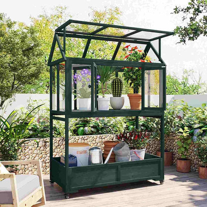 Wooden Cold Frame Greenhouse with Wheels, Portable Fir Garden Plant House with Storage Box, Openable Roof for Seedlings, Herbs, Winter Crops, Perfect for Patio, Balcony, Garden
