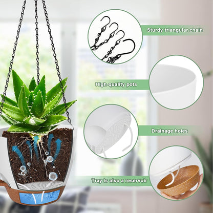 10/9/8 Inch Hanging Planter for Indoor Outdoor Plants, 3 Pack Self-Watering Hanging Pot with Drainage Holes Hanging Planter Baskets Plant Pots with Removable Tray (White+Brown)