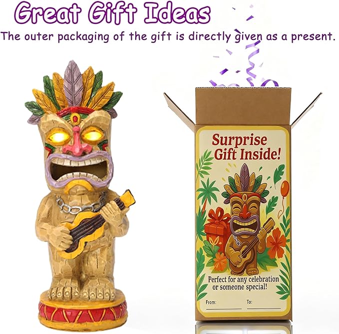 Solar Tiki Garden Statue with LED Eyes Outdoor Resin Ukulele Player Yard Decor Solar Light Hawaiian Style Lawn Ornament for Patio Porch Lawn Tiki Bar or Tiki Lover Funny Gifts Stocking Stuffers