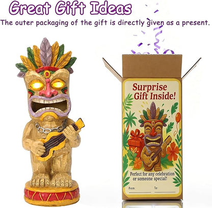 Solar Tiki Garden Statue with LED Eyes Outdoor Resin Ukulele Player Yard Decor Solar Light Hawaiian Style Lawn Ornament for Patio Porch Lawn Tiki Bar or Tiki Lover Funny Gifts Stocking Stuffers