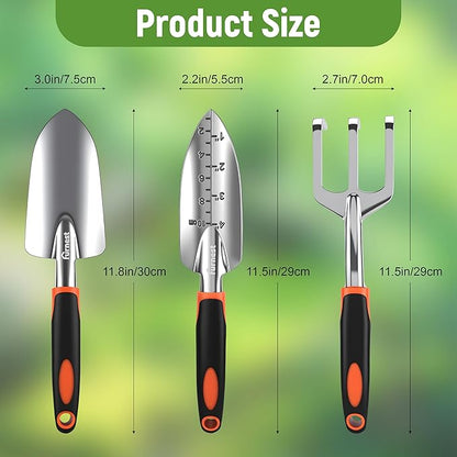 Garden Tool Set, 3 Pack Aluminum Heavy Gardening Kit Including Hand Shovel, Transplant Shovel and Hand Rake for Planting, Digging, Weeding