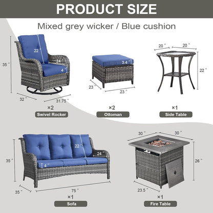 Outdoor Patio Furniture Set with Propane Fire Pit Table, 7 Pieces Wicker Patio Conversation Set with 2 Swivel Glider Rocker Chairs Rattan Sofa Blue Cushion Perfect for Casual Gathering Gray