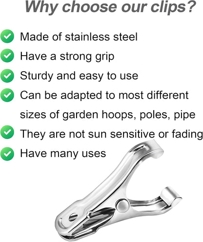 20 Pcs 2inches Gardening Clips for Netting, Greenhouse Clamps Made of Stainless Steel, Have a Strong Grip of Metal Clips, For 3/8'', 1/2'', 3/4'' Garden Hoops or Greenhouse Frame